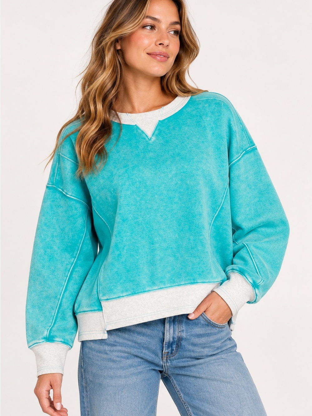 Zenana Turquoise Mineral Washed Oversized Contrast Trim Sweatshirt
